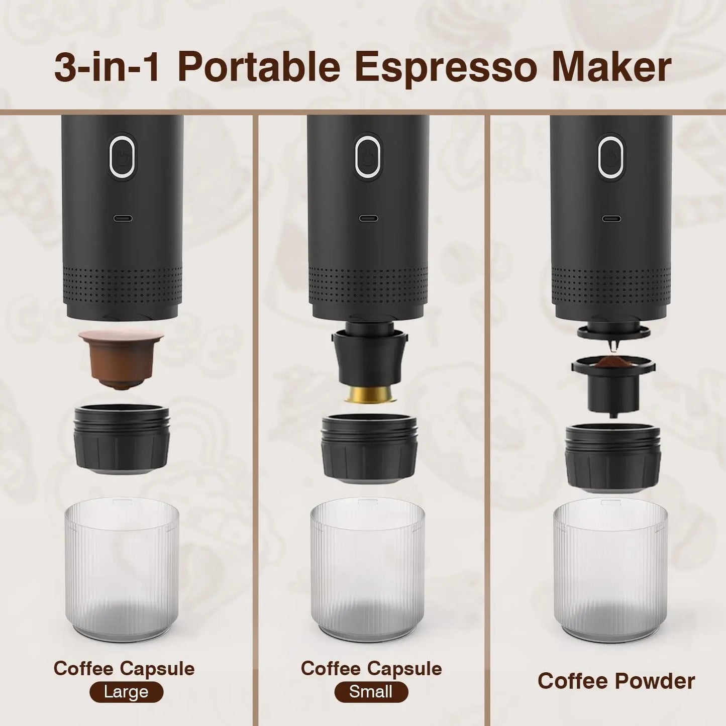 Portable espresso machine, coffee maker for on the go, 3-in-1 rechargeable coffee maker for the car, compatible with ground coff