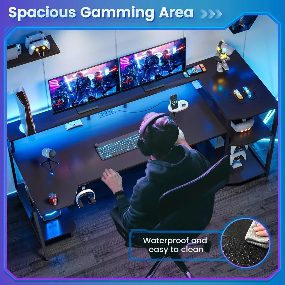Gaming Desk 55'' with LED Lights and Storage Shelves, Computer Desk with Monitor Stand, Power Outlets and Cup Holder