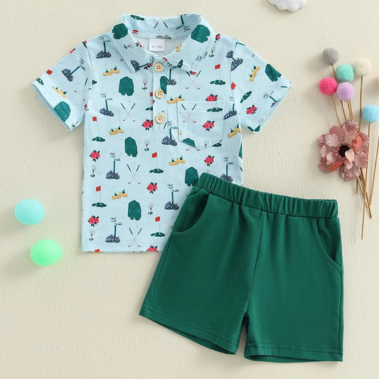 Boys Short Sleeve Dinosaur Print T-shirt and Elastic Waist Shorts Set for Summer Toddler Outfit with Fun Design