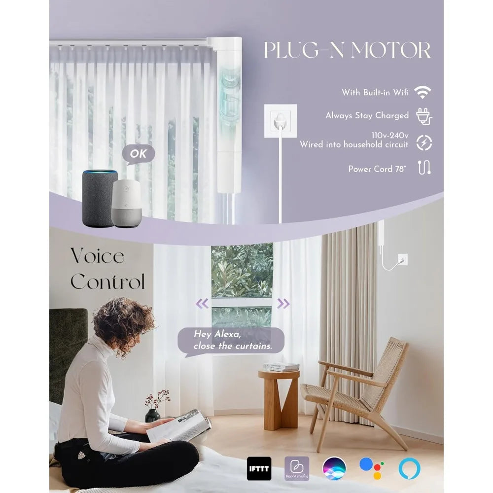Smart Curtain Track Retractable Motorized Centre-opening Curtain Rail Compatible with Alexa Google Easy to Control by Voice
