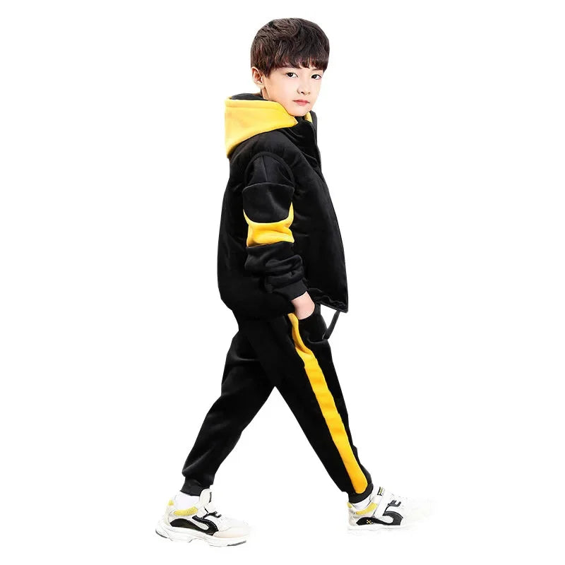 2024 New Fleece-Lined Thickened Boys Suit Three-Piece Set Trendy Autumn/Winter Outfit For Mid to Large Children