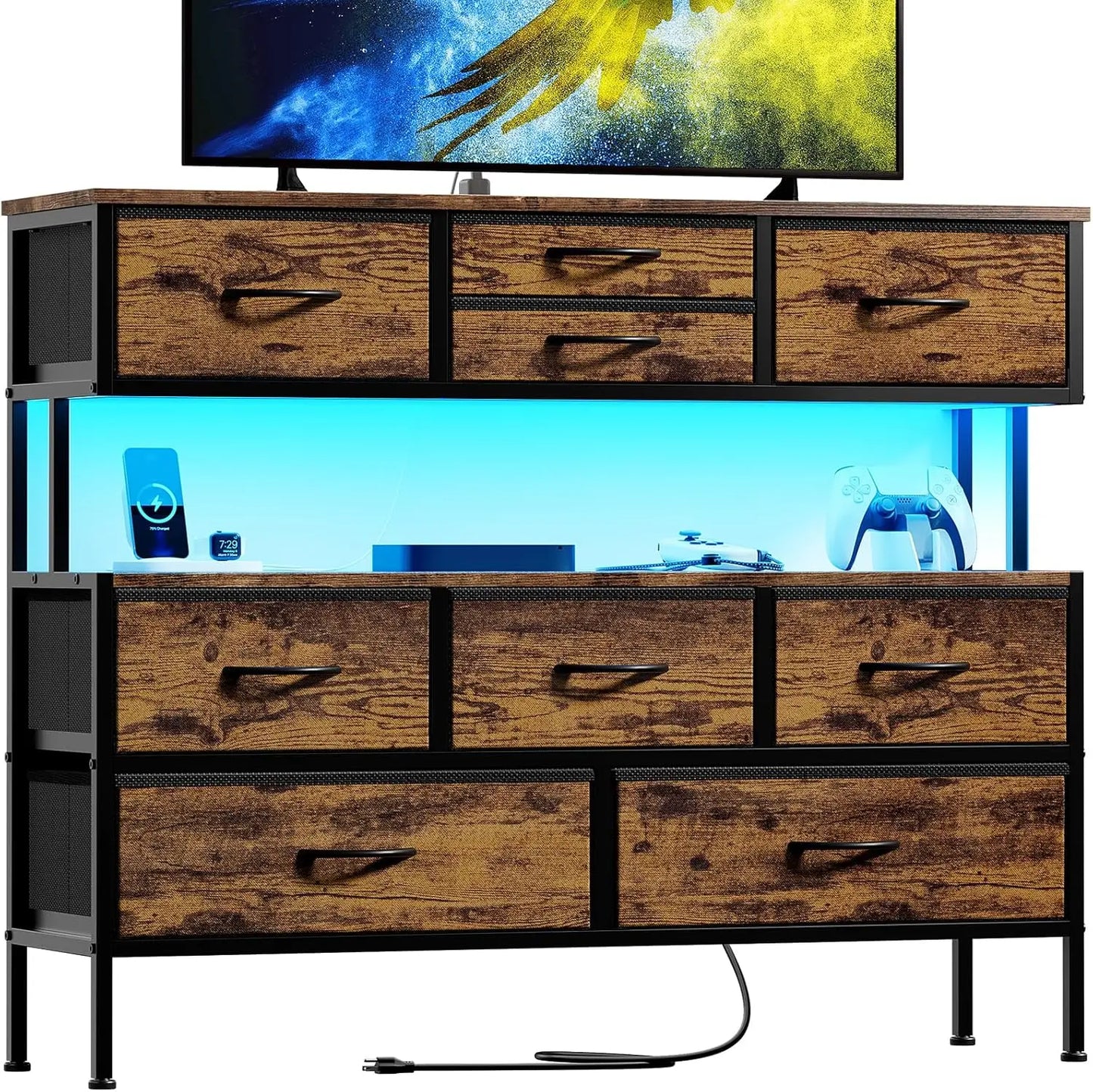 Dresser TV Stand with Charging Station and LED Lights, 55” TV Stand with 9 Drawers, Fabric Dresser for Bedroom, Steel Frame
