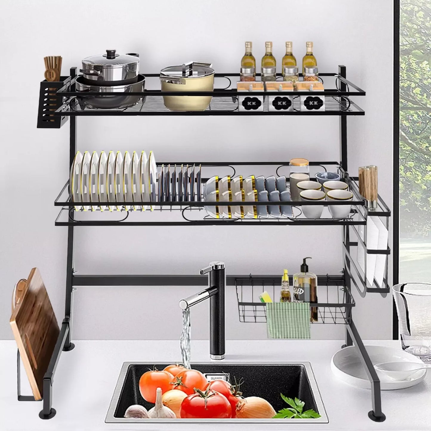 2-Tiers Kitchen Drain Rack Over Sink Dish Drying Holder Cutlery Drainer Kitchen Shelf Cup Organizer