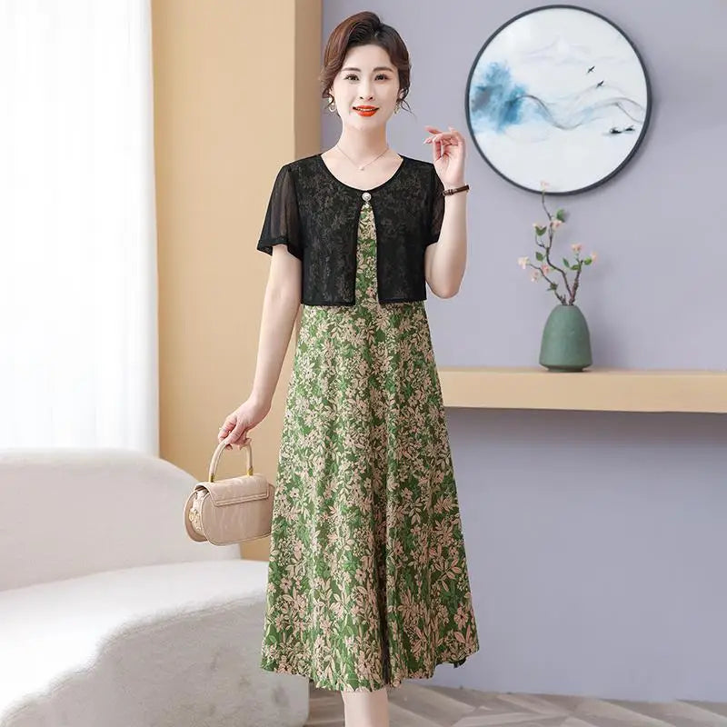 Summer Fake Two Pieces Women's Floral Printed Vestidos Ladies Casual Fashion Short Sleeve Midi Robe Femme Elegant Dress