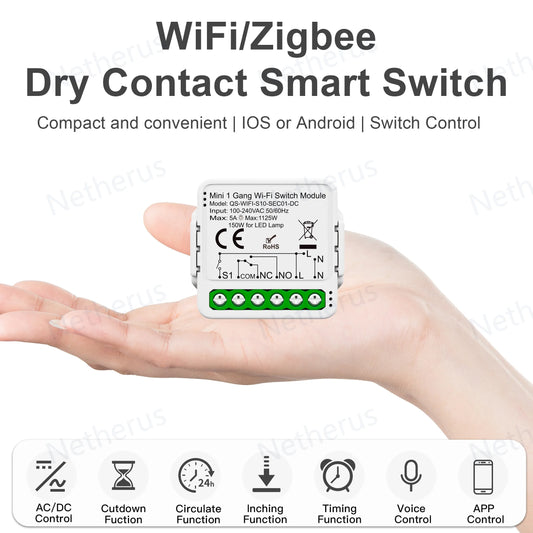 Tuya ZigBee WiFi Smart Switch Module Dry Contact DC 12/24V AC 100-240V Smart Home DIY Breaker Relay Work with Alexa Google Alice