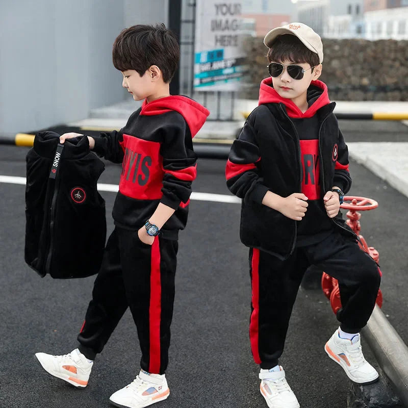 2024 New Fleece-Lined Thickened Boys Suit Three-Piece Set Trendy Autumn/Winter Outfit For Mid to Large Children