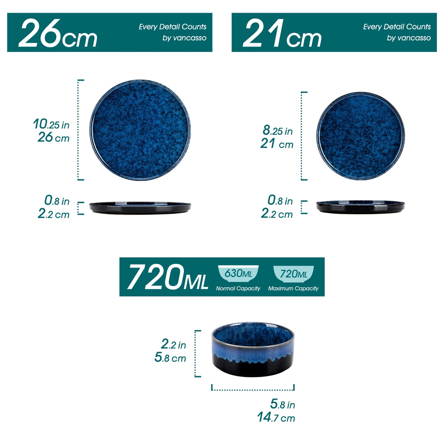 vancasso 12/24/36Piece Dinner set Black Blue Reactive Glaze Vertical edge Dinnerware set with 4PCS Dinner Plate/ Dessert/Bowl