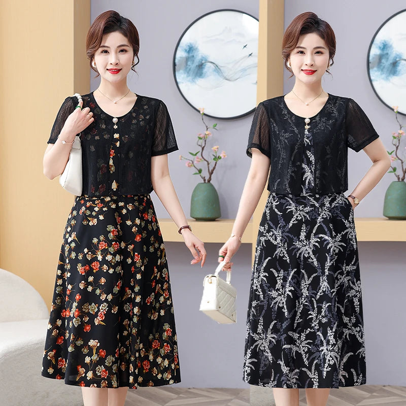 Summer Fake Two Pieces Women's Floral Printed Vestidos Ladies Casual Fashion Short Sleeve Midi Robe Femme Elegant Dress
