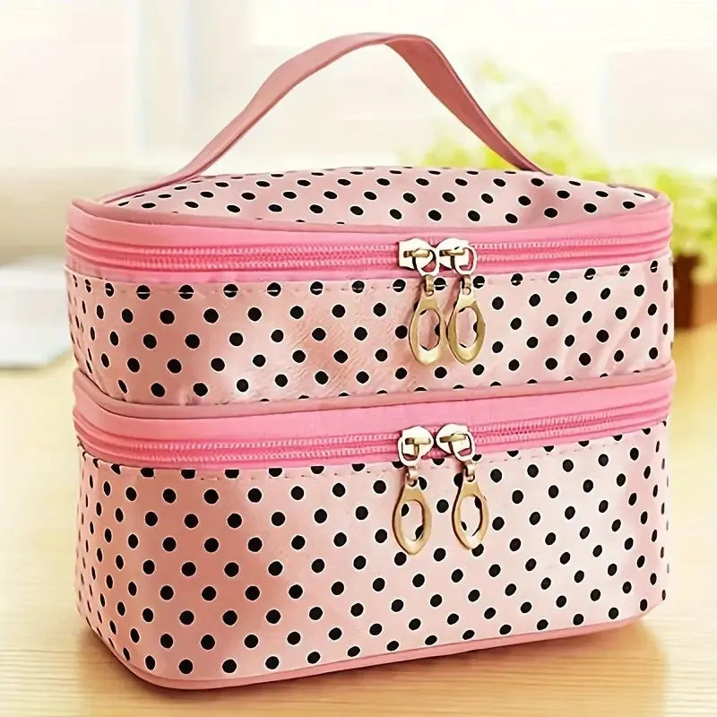 New Title: Double Layer Travel Makeup Bag for Women with Handle, Brush Holder & Polka Dot Design - Compact Toiletry Pouch for Co