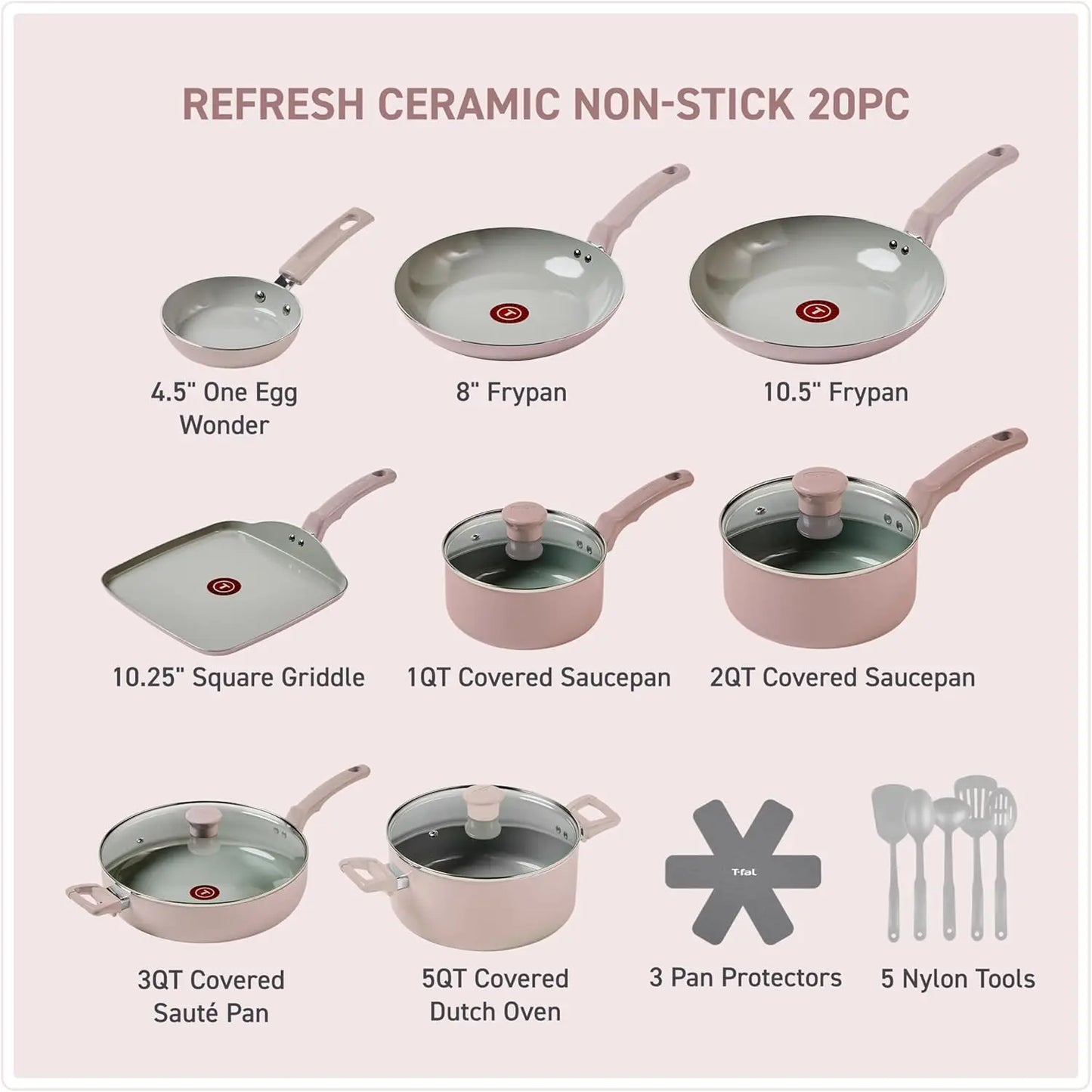 Refresh 20-Piece Dusty Rose Ceramic Non-Stick Pan Set for Kitchen Use Oven and Broiler Safe Cooking Appliances