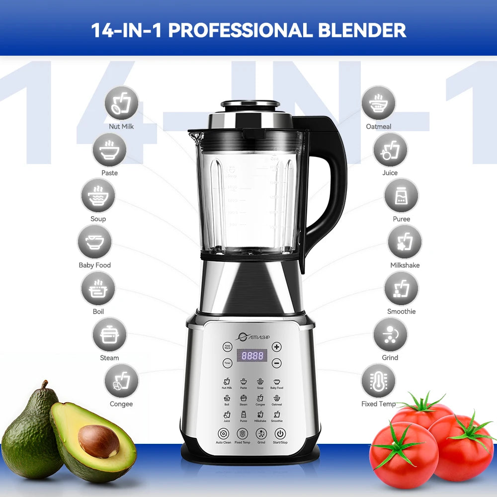 Stainless Steel Blender with Heating, 26000-60000RPM High Speed Food Processors Blender for kitchen, Glass jar blender