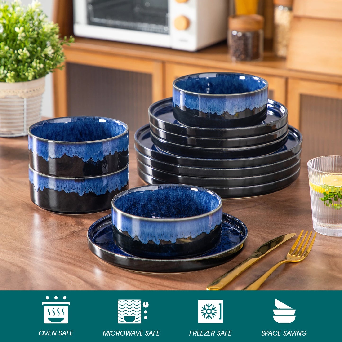 vancasso 12/24/36Piece Dinner set Black Blue Reactive Glaze Vertical edge Dinnerware set with 4PCS Dinner Plate/ Dessert/Bowl