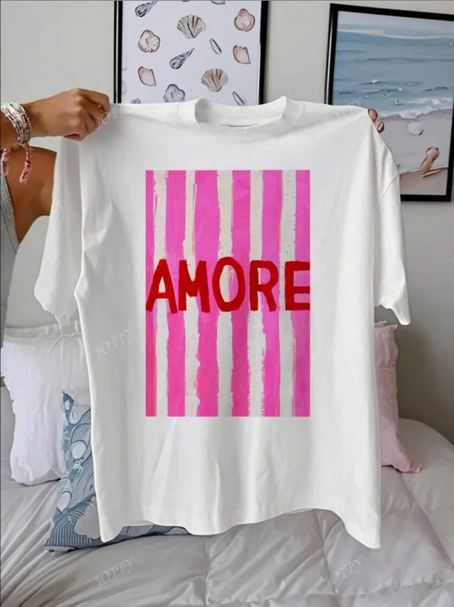AMORE Striped Art Pattern Summer Outfits Women Casual Round Neck Short Sleeve Cotton T-Shirt Tops
