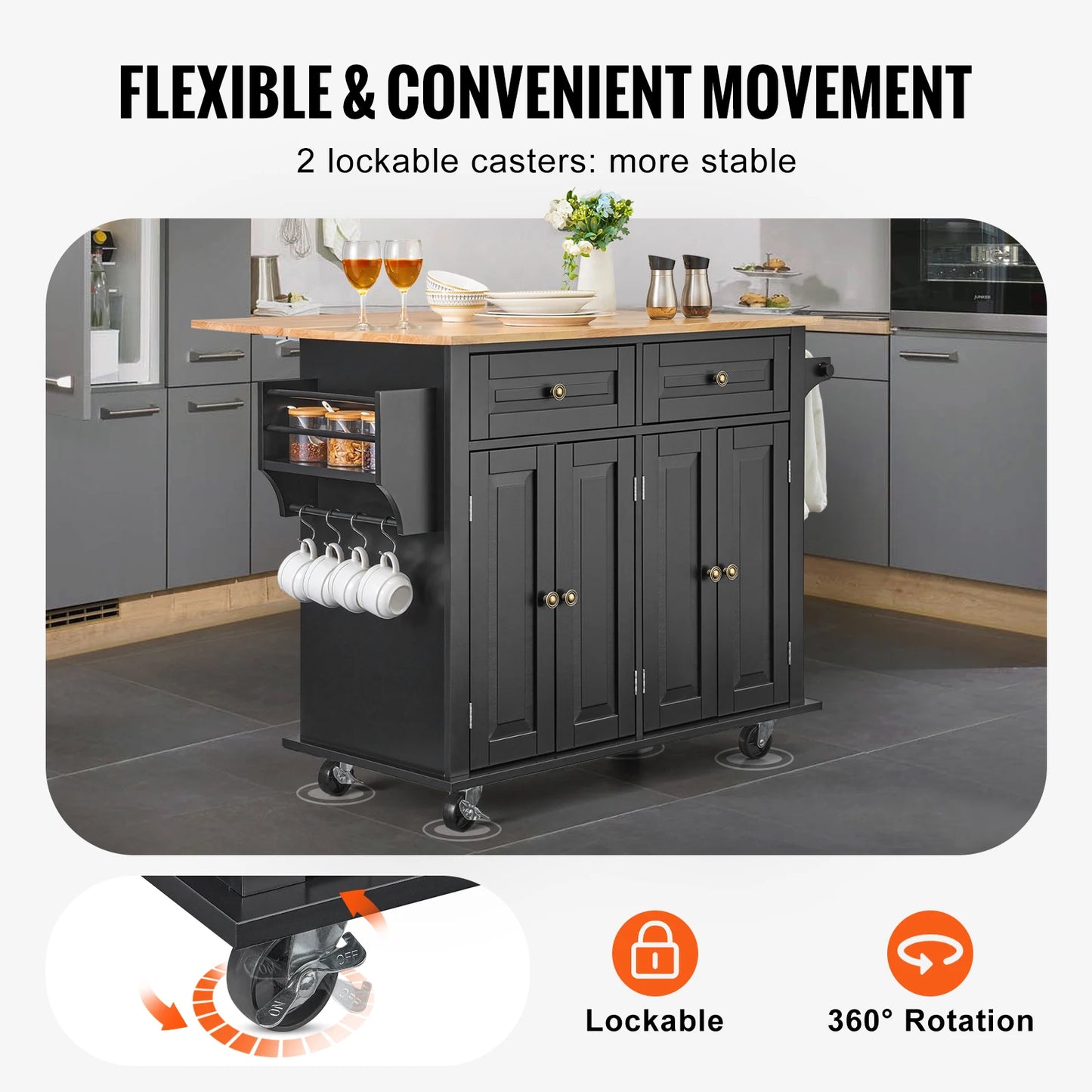 SucceBuy 43" Kitchen Island Cart Wood Top Mobile Carts with Storage Cabinet Rolling Table with Leaf Spice Rack Towel Bar Black