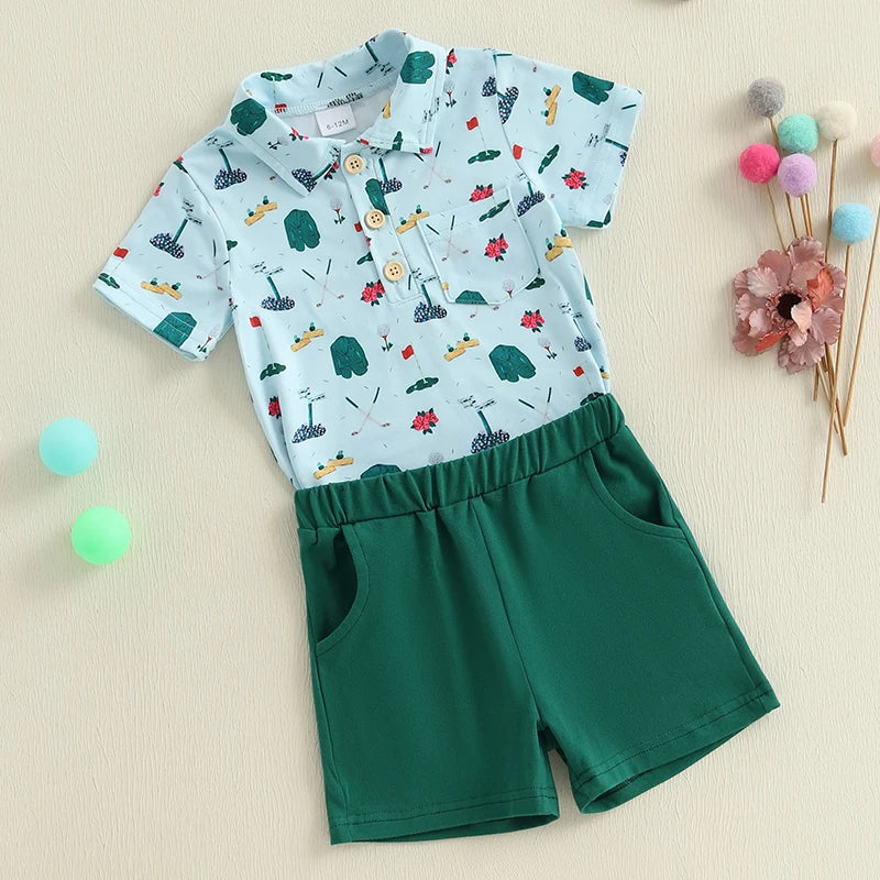 Boys Short Sleeve Dinosaur Print T-shirt and Elastic Waist Shorts Set for Summer Toddler Outfit with Fun Design