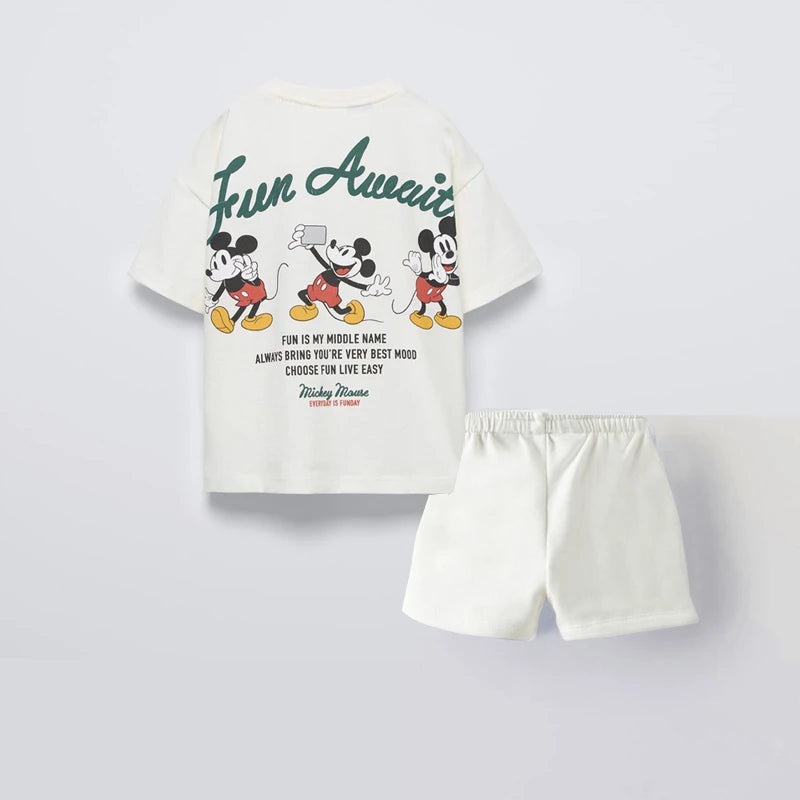 Disney Short Sleeve Outfits Boys And Girls Fashion Casual Tshirt+Shorts Summer Costume New Print Tees Loose Shorts 2 Piece Set