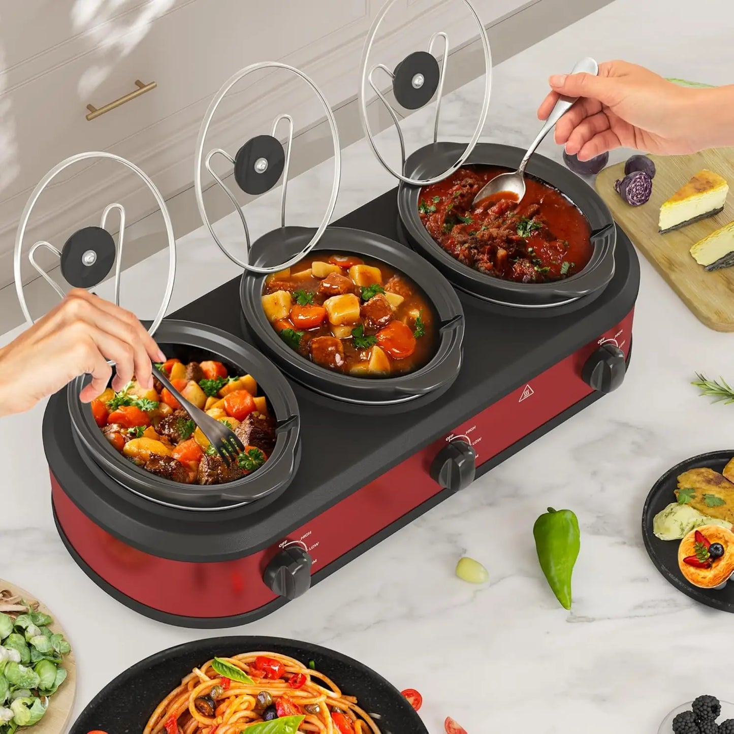 Triple-Layer Ceramic 4.5 Qt Portable Slow Cooker & Multi-Cooker Dishwasher Safe for Kitchen & Buffet Use