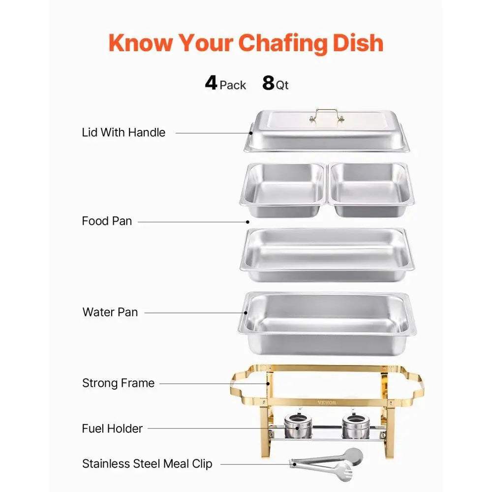 8 Piece Rectangle Chafing Dish Set Buffet Set with Full & Half Size Pans Durable Heat-Resistant Metal Construction Golden Design