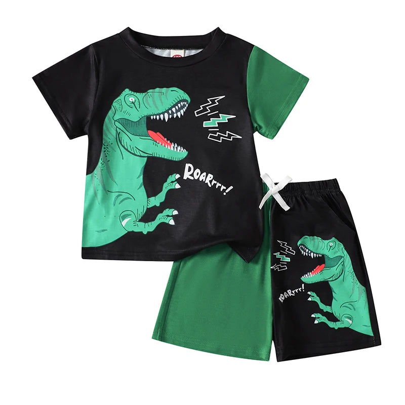 Toddler Boy Casual Summer Outfit Comfortable Fit Crown Dinosaur Graphic Tee with Matching Shorts 2 Piece Set