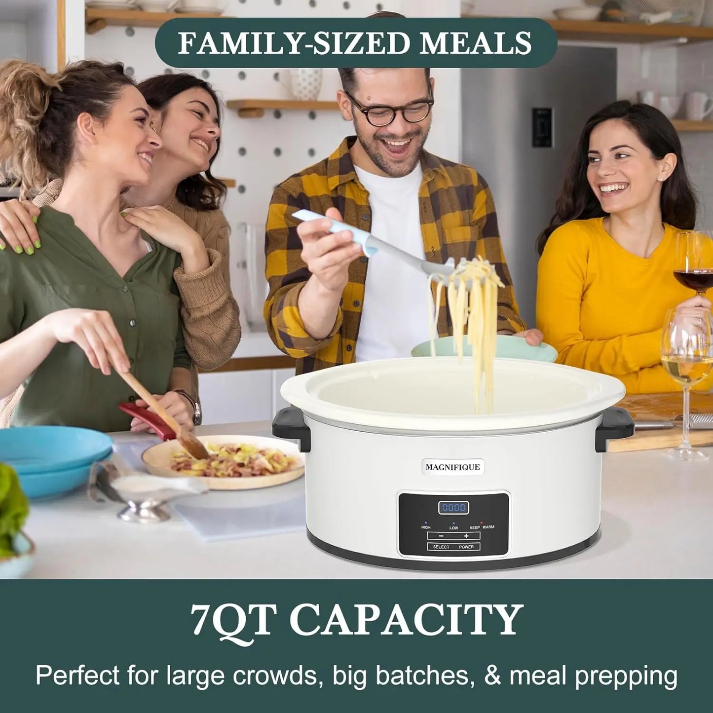 MAGNIFIQUE 7-Quart Programmable Slow Cooker with Timer Keep Warm - Small Kitchen Appliance for Family Dinners - Serves 6+ People