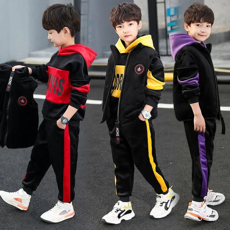 2024 New Fleece-Lined Thickened Boys Suit Three-Piece Set Trendy Autumn/Winter Outfit For Mid to Large Children