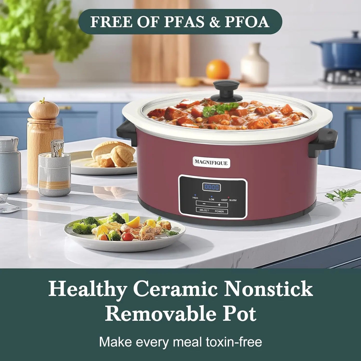 MAGNIFIQUE 7-Quart Programmable Slow Cooker with Timer Keep Warm - Small Kitchen Appliance for Family Dinners - Serves 6+ People