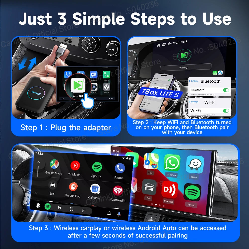 CarlinKit Lite Android TV Box 3-In-1 Wireless Adapter Support Netflix IPTV Wireless Android Auto & CarPlay Dongle For Car Radios