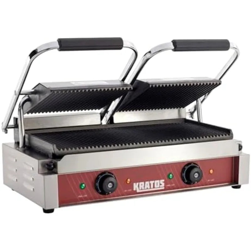 Kratos Commercial Electric Panini Sandwich Grill with Grooved Plates, 18.7" x 9" Cooking Surface