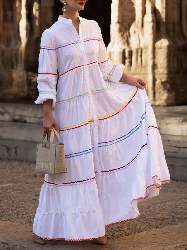 Modigirl Elegant Evening Prom Maxi Dresses 2025 Summer Spring Button Mock Neck Puff Sleeves A-line Party Long Dresses for Woman