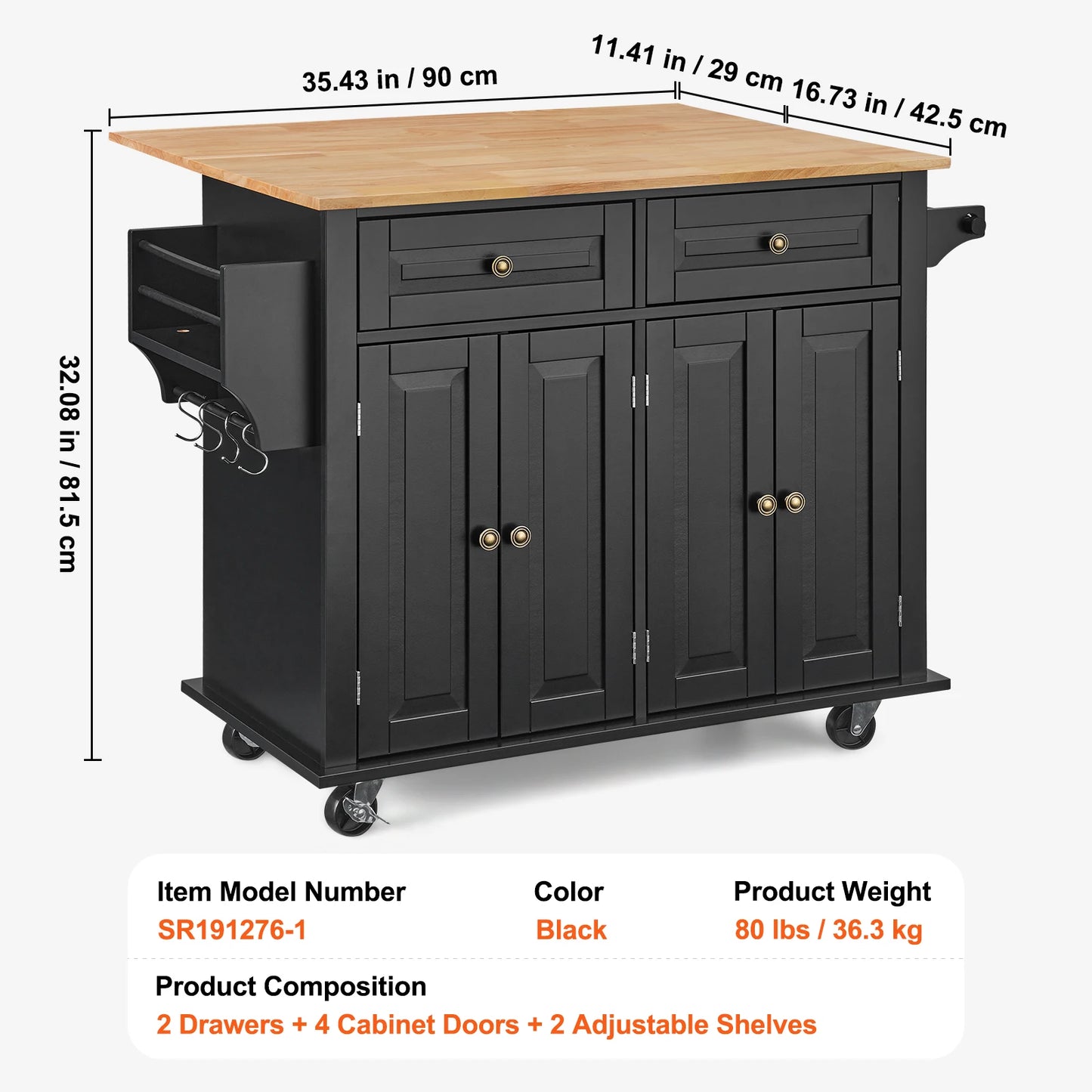 SucceBuy 43" Kitchen Island Cart Wood Top Mobile Carts with Storage Cabinet Rolling Table with Leaf Spice Rack Towel Bar Black