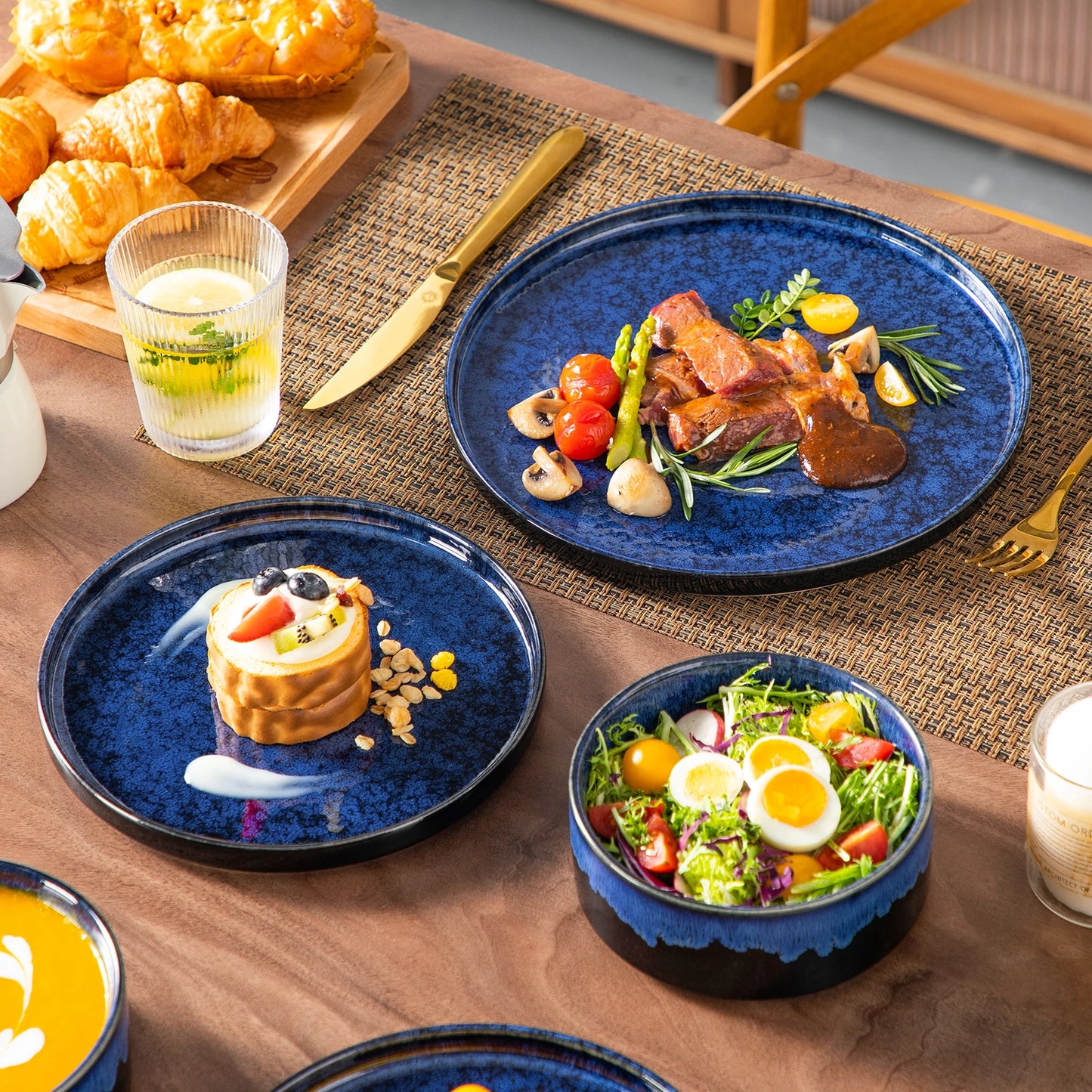 vancasso 12/24/36Piece Dinner set Black Blue Reactive Glaze Vertical edge Dinnerware set with 4PCS Dinner Plate/ Dessert/Bowl