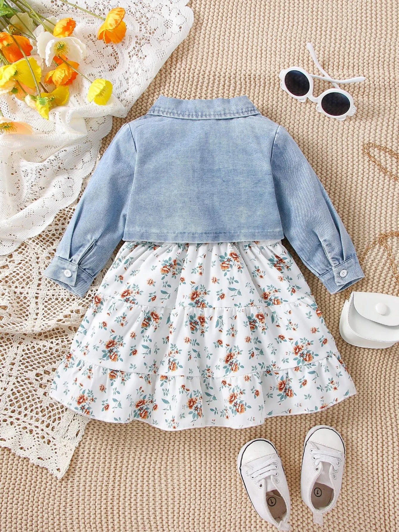 3pieces Four Seasons Leisure Travel Vacation Comfortable Denim Long Sleeve + Floral Dress Set With Halter Sweet Fashion