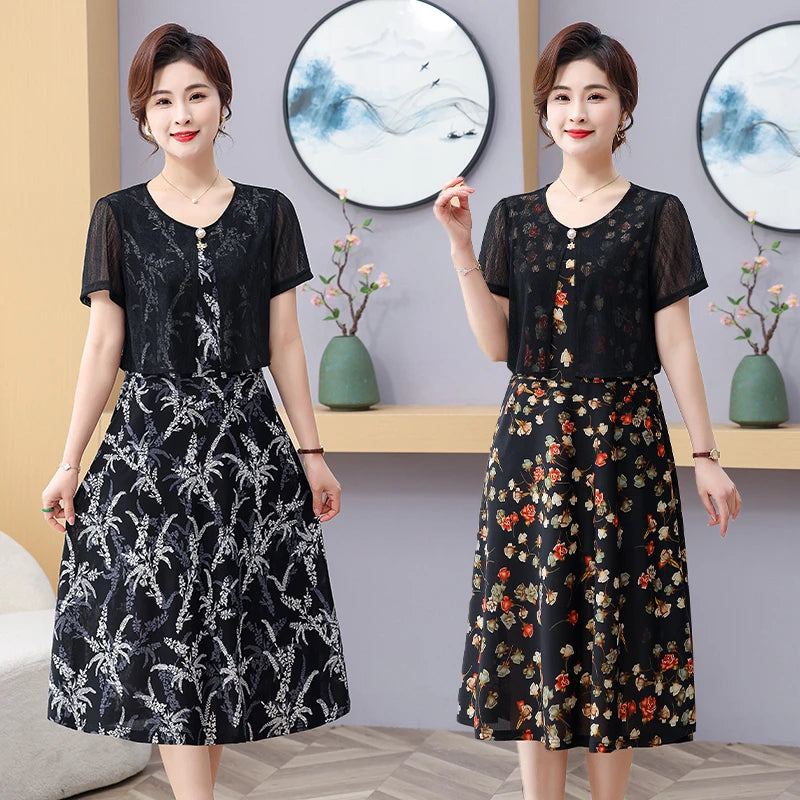 Summer Fake Two Pieces Women's Floral Printed Vestidos Ladies Casual Fashion Short Sleeve Midi Robe Femme Elegant Dress