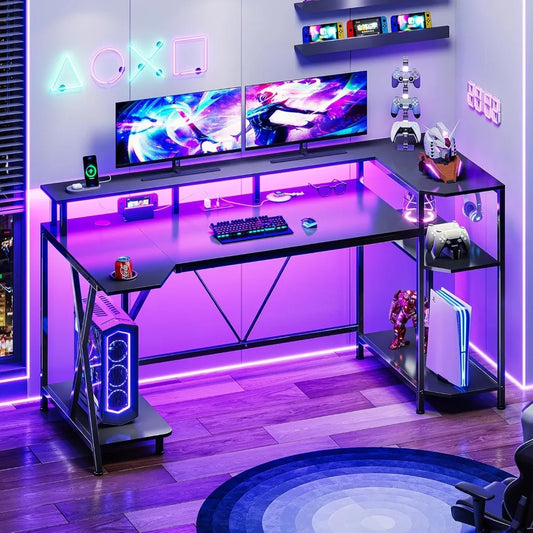Gaming Desk 55'' with LED Lights and Storage Shelves, Computer Desk with Monitor Stand, Power Outlets and Cup Holder