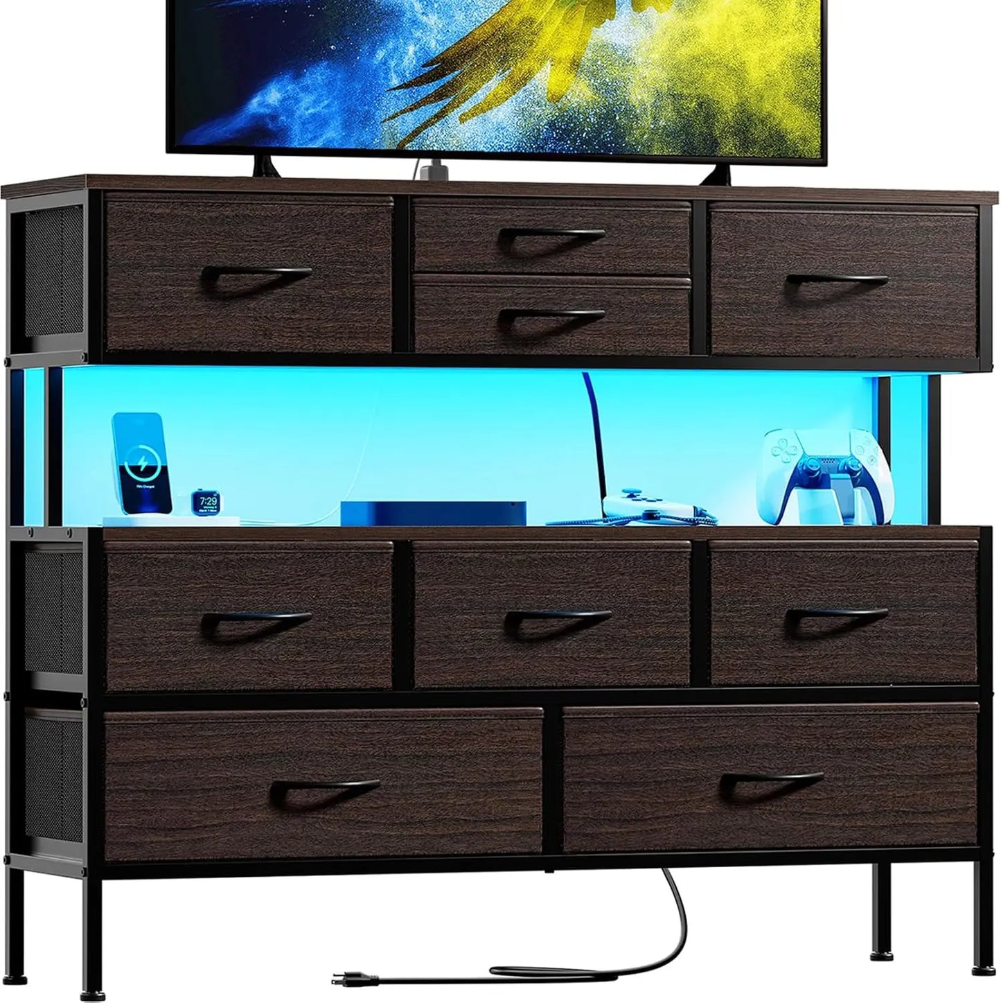 Dresser TV Stand with Charging Station and LED Lights, 55” TV Stand with 9 Drawers, Fabric Dresser for Bedroom, Steel Frame