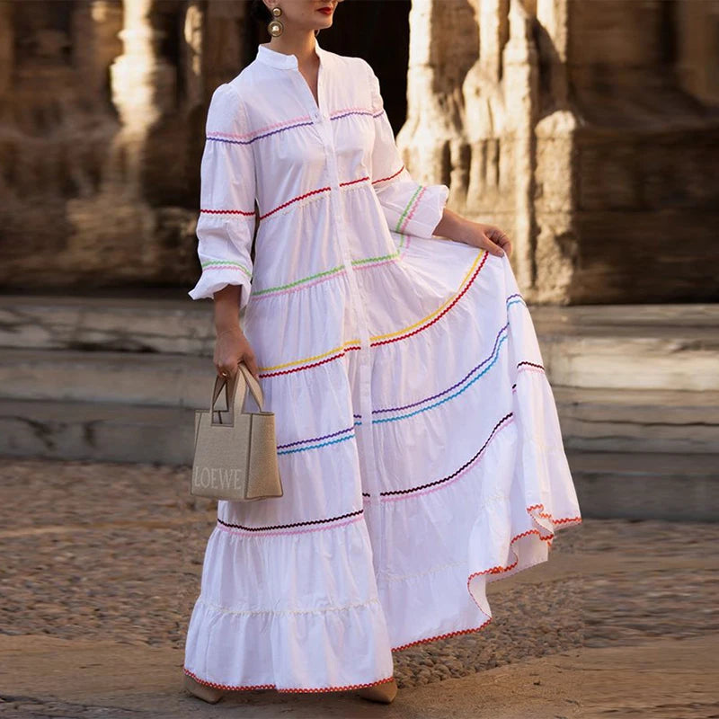 Modigirl Elegant Evening Prom Maxi Dresses 2025 Summer Spring Button Mock Neck Puff Sleeves A-line Party Long Dresses for Woman