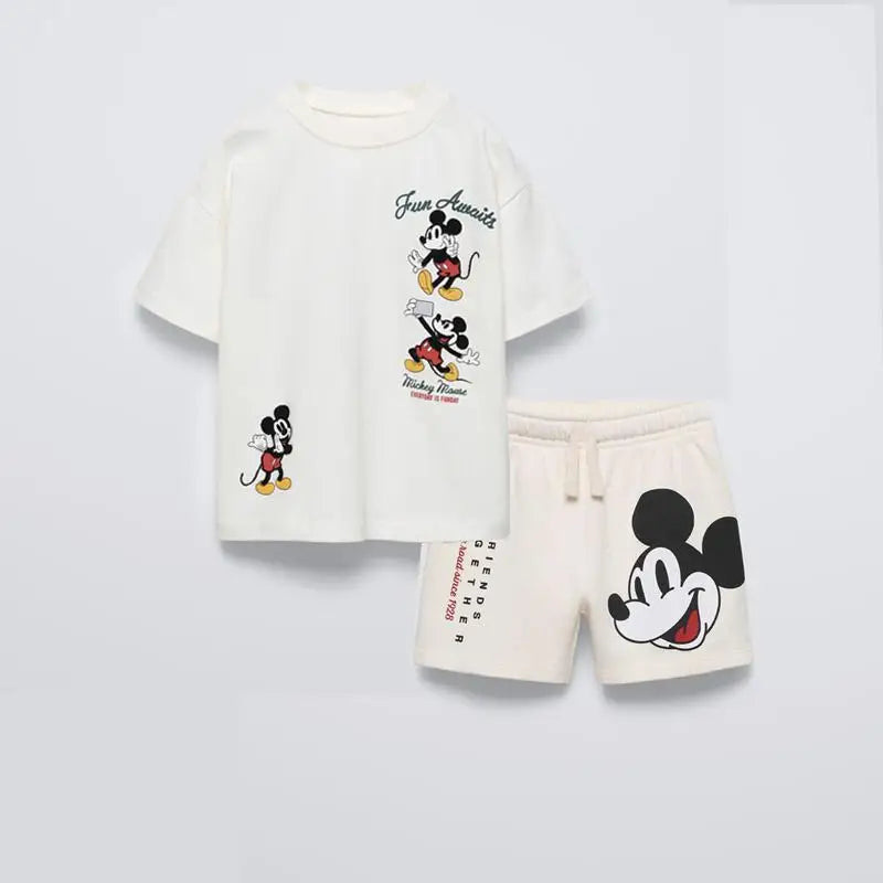 Disney Short Sleeve Outfits Boys And Girls Fashion Casual Tshirt+Shorts Summer Costume New Print Tees Loose Shorts 2 Piece Set
