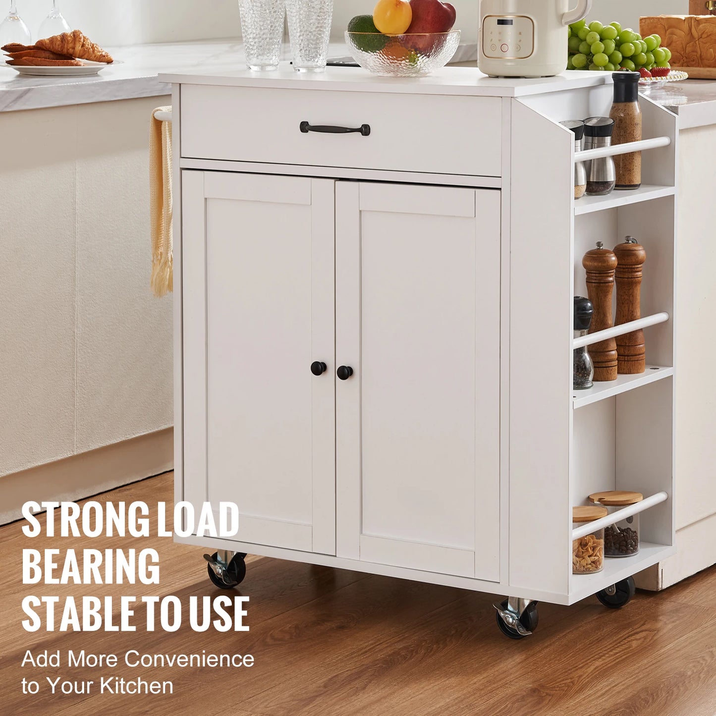 SucceBuy Kitchen Island Cart 32" Mobile Carts with Storage Cabinet Rolling Table with Power Outlet Spice Rack Towel Bar