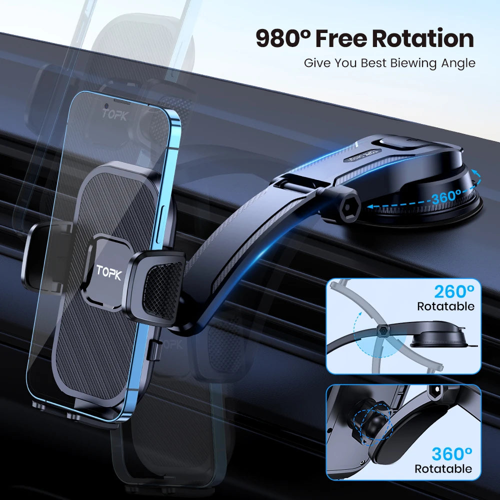 TOPK Universal Car Phone Holder Dashboard Mount for iPhone Android 360° Rotatable Anti-Slip Easy Install Compact Design Durable
