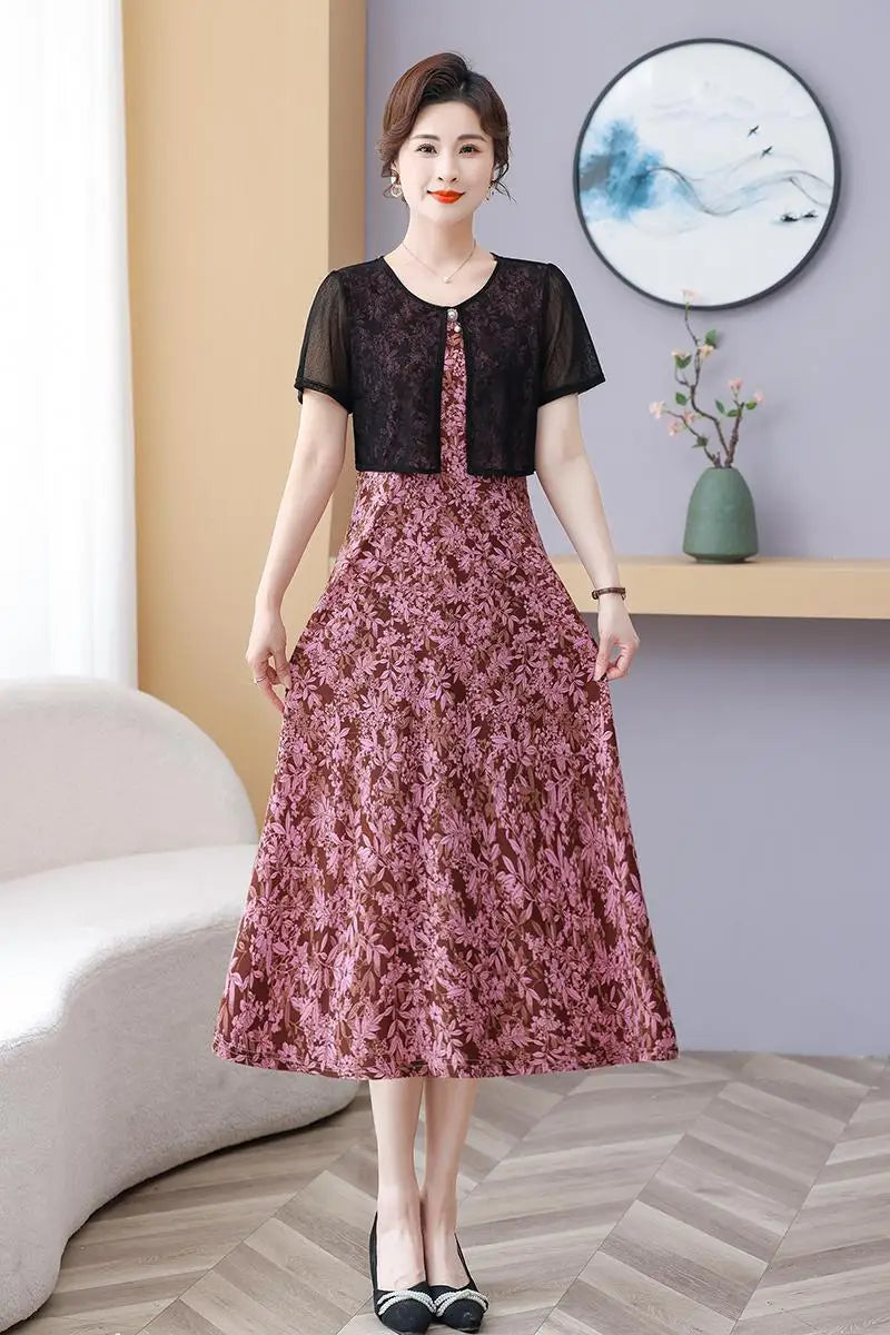 Summer Fake Two Pieces Women's Floral Printed Vestidos Ladies Casual Fashion Short Sleeve Midi Robe Femme Elegant Dress