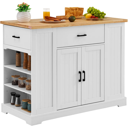 SucceBuy Kitchen Island Cart 46" Wood Top Breakfast Bar with Storage Cabinet Farmhouse Kitchen Table with Shelf Drawer