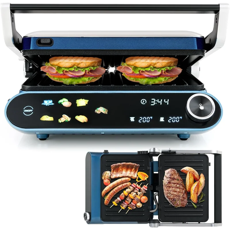 COSTWAY Panini Press, 1200W Sandwich Maker with LED Touch Panel, Non-Stick Coated Plates & Removable Drip Tray