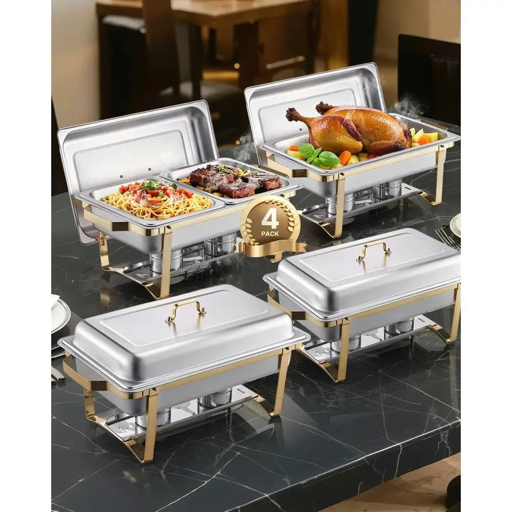 8 Piece Rectangle Chafing Dish Set Buffet Set with Full & Half Size Pans Durable Heat-Resistant Metal Construction Golden Design