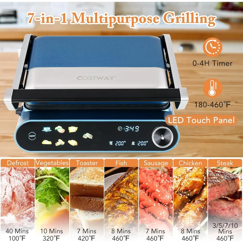 COSTWAY Panini Press, 1200W Sandwich Maker with LED Touch Panel, Non-Stick Coated Plates & Removable Drip Tray