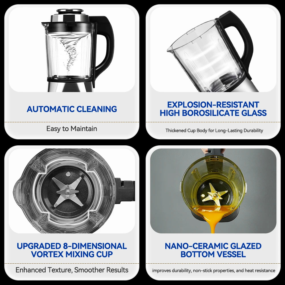 Stainless Steel Blender with Heating, 26000-60000RPM High Speed Food Processors Blender for kitchen, Glass jar blender