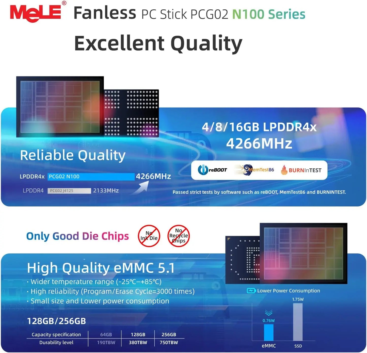 MeLE PCG02 Fanless Mini PC Stick, N100 8GB 128GB 256GB Micro Desktop Computer, Support Auto Power on, Wi-Fi5 Gigabit Ethernet