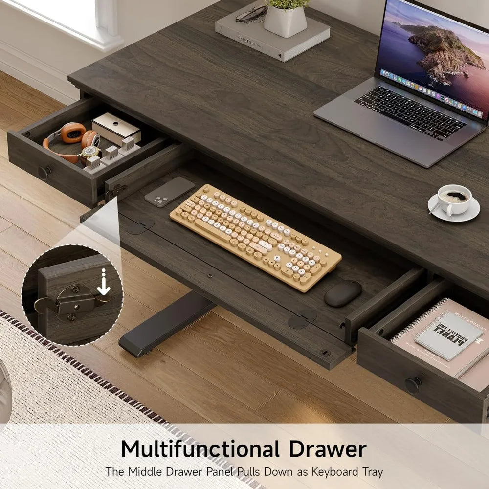 Standing Desk with Drawers, 55 x 23 Inch Electric Height Adjustable Desk with Storage & Outlets, for Computer Workstation