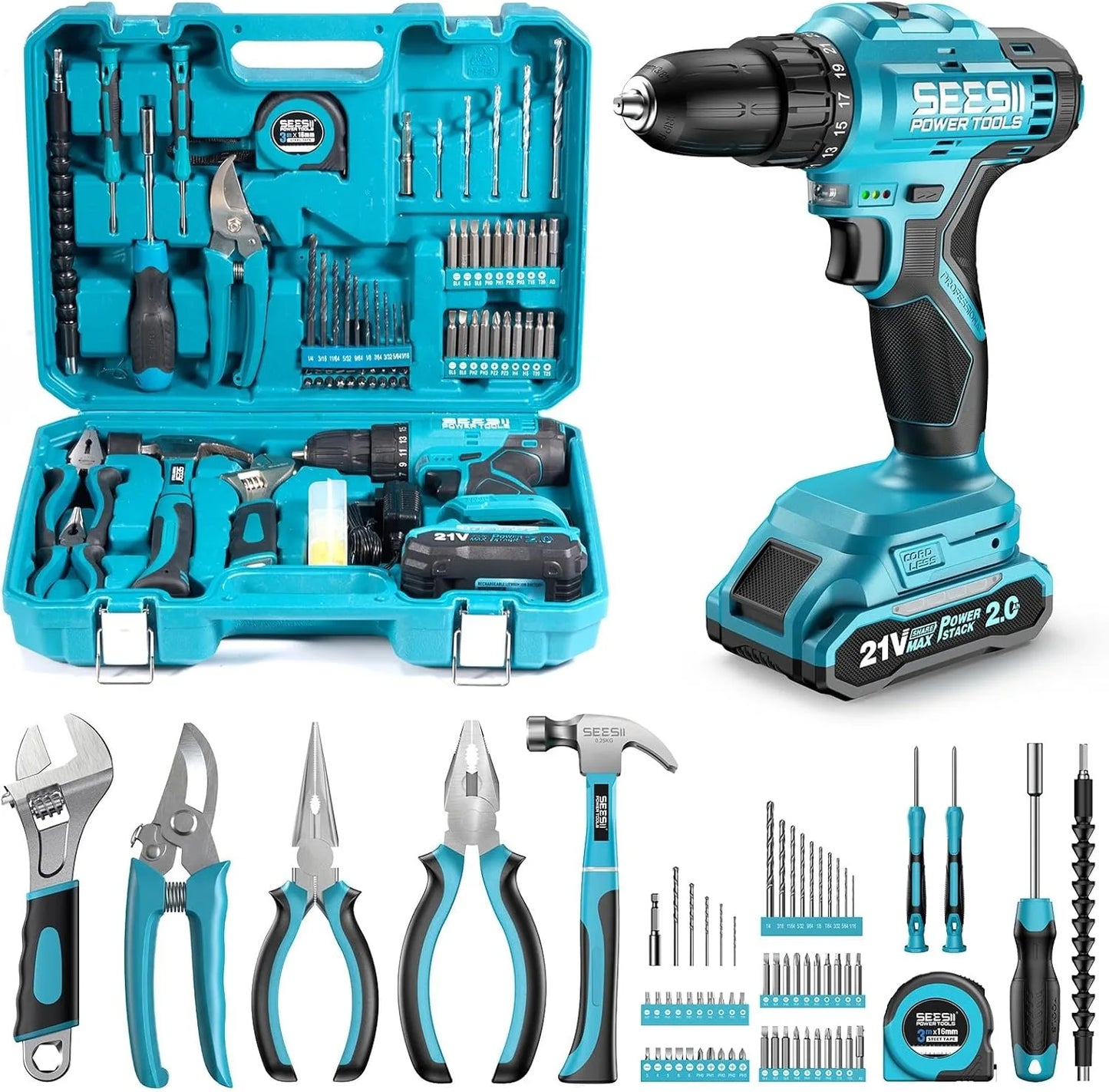 Seesii 190pcs Cordless Drill Tool Kit 21V Power Tool Set Hand Tool Kit with Toolbox Electric Drill Driver for Hand Repair DIY