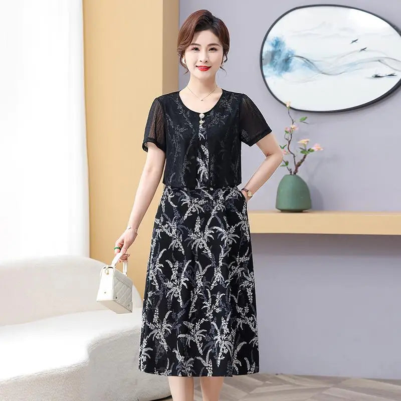 Summer Fake Two Pieces Women's Floral Printed Vestidos Ladies Casual Fashion Short Sleeve Midi Robe Femme Elegant Dress
