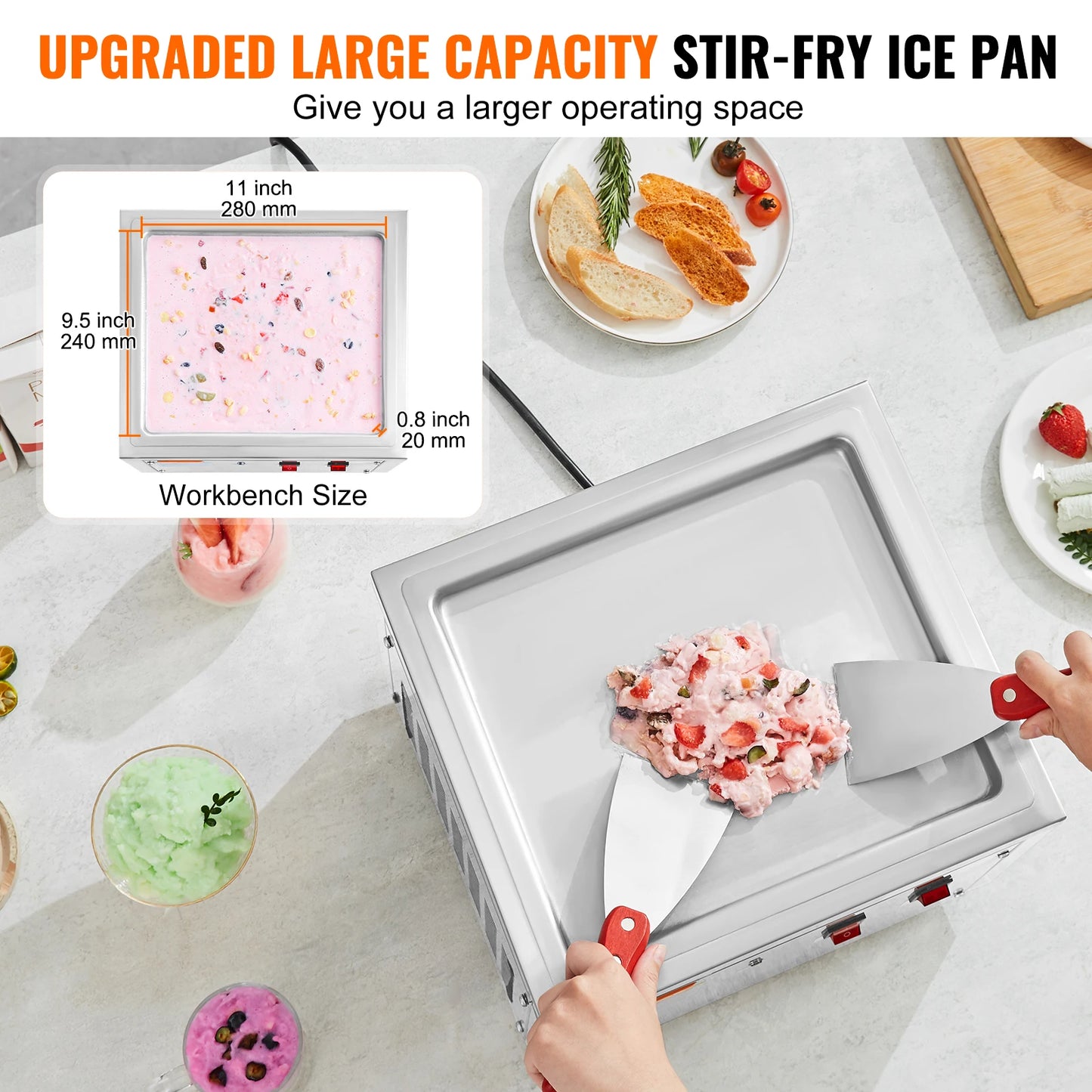 VEVOR Fried Ice Cream Roll Machine Stir-Fried Stainless Steel Rolled Ice with Compressor&2 Scrapers for Home Commercial